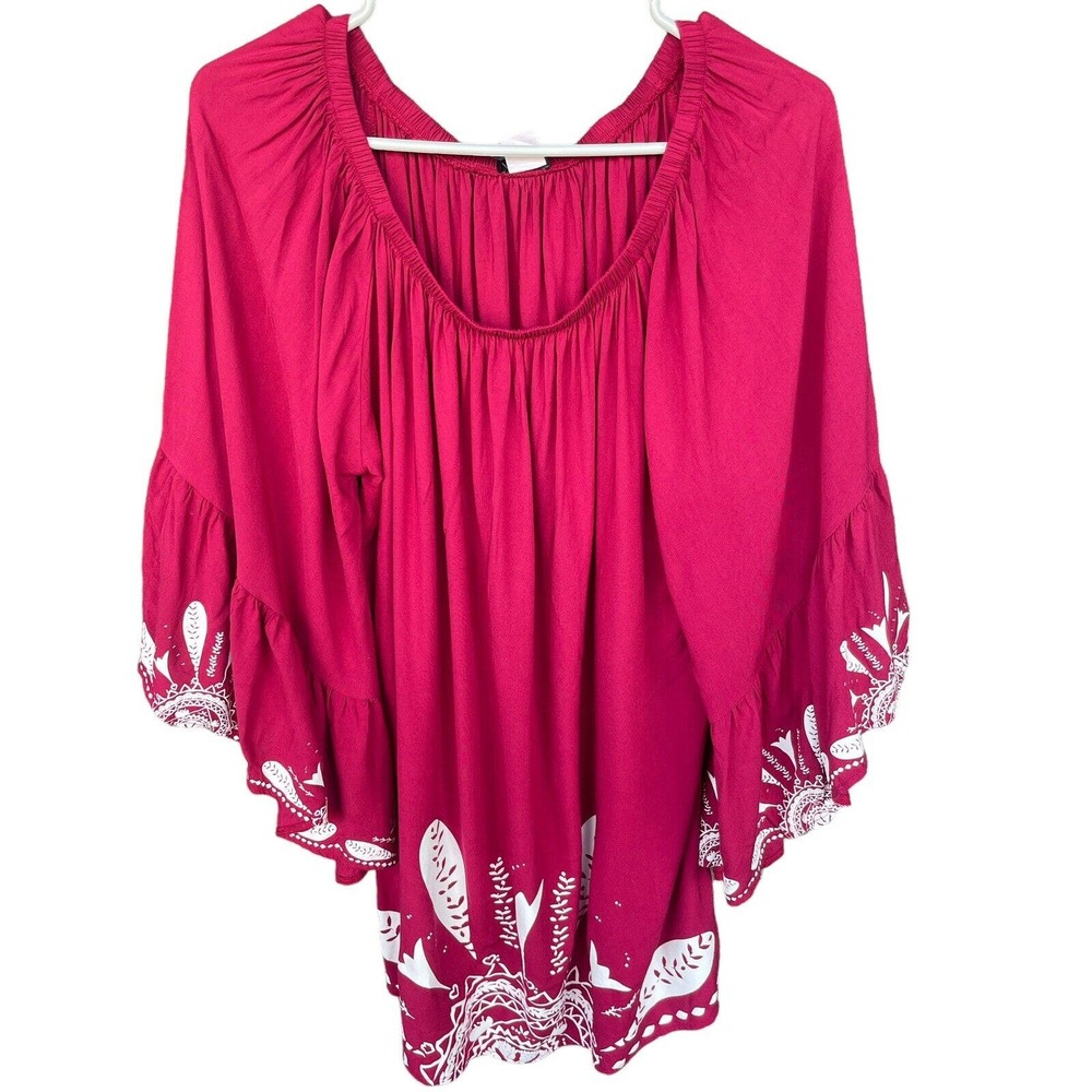 Venus‎ Blouse Womens One Size Raspberry Floral Boho Flowy Top Rayon Peasant